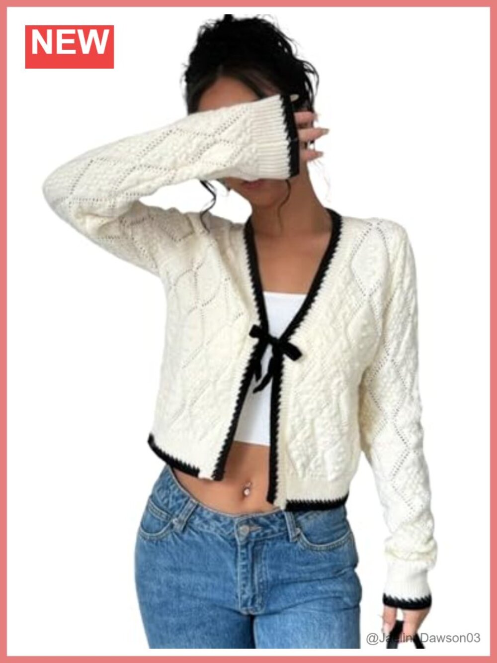 Women's Tie Front Bow Cable Knit Cardigan Loose Drop Shoulder Sweater